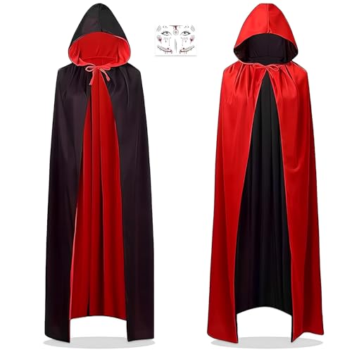 Halloween Vampir Kostüm Set, Vampir Umhang 170cm, Vampir Kostüm Damen Mit Teufelshörner Und Tattoo Teufel, Halloween Kostüm, Schwarz Rot Doppelseitig Umhang, Teufel Kostüm, Karneval Kostüm Damen von Scinzene