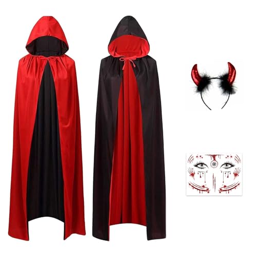 Halloween Vampir Kostüm Set, Vampir Umhang 170cm, Vampir Kostüm Damen Mit Teufelshörner Und Tattoo Teufel, Halloween Kostüm, Schwarz Rot Doppelseitig Umhang, Teufel Kostüm, Karneval Kostüm Damen von Scinzene