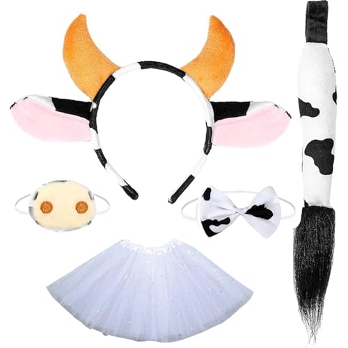 5 Stück Kuh Kostüm, Cow Costume, Kuh Kostüm Set Ohren, Schwanz Kuh Kleid Kostüm Set, Zubehör Für Kinder Halloween, Karneval Welttag Des Buches Cosplay, Aufkleber Kuh Kinderkostüm ﻿ von Scinzene