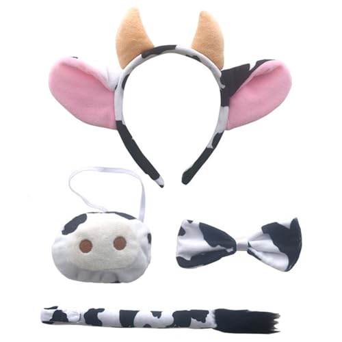 4 Stück Kuh Kostüm Set Ohren Hörner Stirnband Kuh Nase Fliege und Schwanz Kuh Kleid Kostüm Set, Cosplay Kostüm Stirnband Haarschmuck für Damen Mädchen Herren Party Dekoration von Scinzene