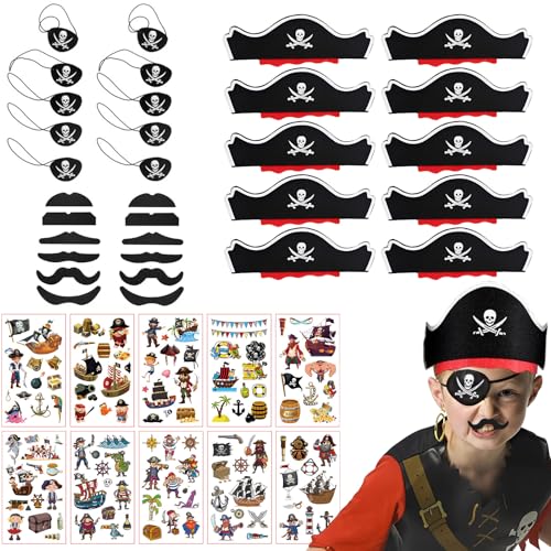 Scinzene 42 Piraten Deko Kindergeburtstag Set, 10 Piratenhut Kinder, 10 Augenklappe, 10 Piraten Tattoos und 12 Piratenbärte - Perfekte Deko für Piratenparty, Piratengeburtstag, Halloween und Karneval von Scinzene