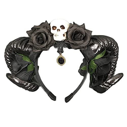 Scnvsi Halloween Haarreif Schafhorn Stirnband Gothic Blumenschädel Kopfschmuck Teufelshorn Stirnbänder Cosplay Haarschmuck von Scnvsi