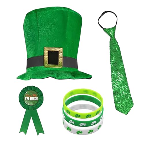 Scnvsi Hut zum St. Patricks Day, Krawatte, Armbänder, Anstecknadel-Set für Partys, Festliche Requisiten, Pailletten, Kopfschmuck zum St. Patricks Day von Scnvsi