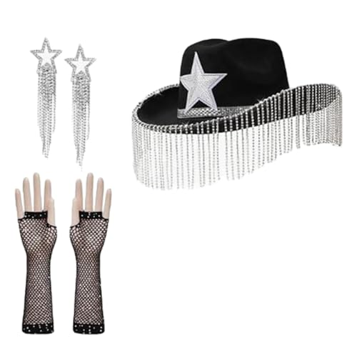 Scnvsi Strass-Cowboy-Kostüm-Set, Western-Kostüm mit breiter Krempe, Sternhut, Armstulpen, Ohrringe, Rollenspiel-Party, Fotoanzug für Erwachsene, 3-teilig von Scnvsi