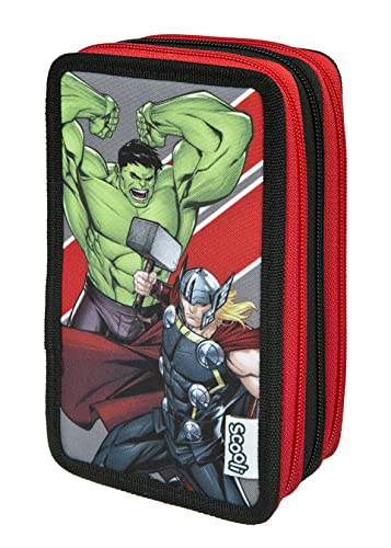 Avengers Tripledecker Federmäppchen inkl. Stiften, Radierer, Lineal etc. I Schlampermäppchen im Avengers Design I Etui für die Schule von Scooli