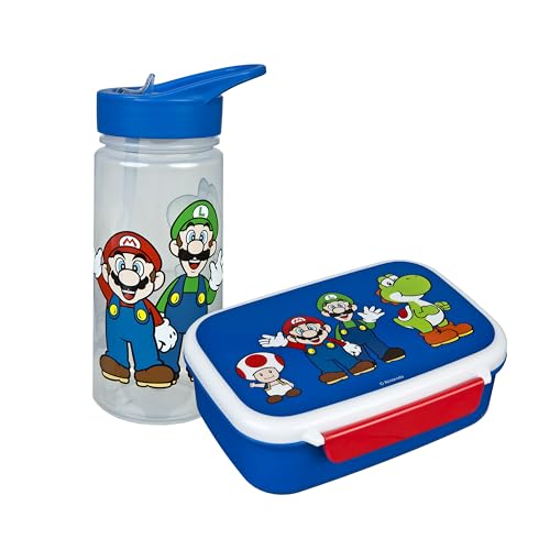 Scooli - Super Mario Kindergeschirr Geschenkset - Set bestehend aus Brotdose und Trinkflasche - ideal für Schule oder Kindergarten – ab 4 Jahren – aus Kunststoff – BPA frei von Scooli