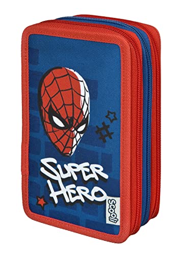 Spider-Man Tripledecker Federmäppchen inkl. Stiften, Radierer, Lineal etc. I Schlampermäppchen im Spiderman Design I Etui für die Schule von Scooli