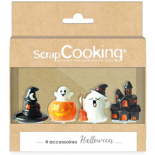 ScrapCooking 4943 Halloween-Kuchendekoration – Kürbis, Geist, Spukhaus, Zaubererhut – Kuchendekoration – Kuchendekoration – Zubehör für Kuchen, Cupcakes – 4 Stück von ScrapCooking