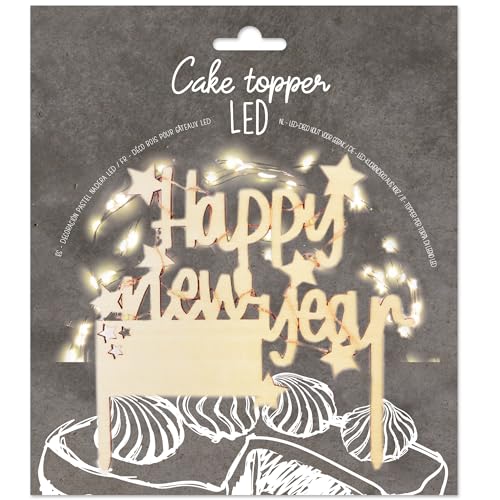 ScrapCooking – Cake Topper LED "Happy New Year" – beleuchtete Dekoration aus Holz – Dekoration für Kuchen, Weihnachtskuchen, Cake & Dessert – Deko für Neujahr, Frohes Jahr, Heiligabend – 4985 von ScrapCooking