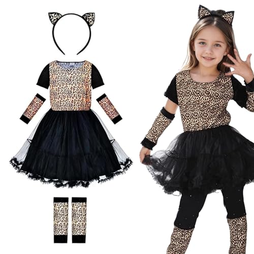 Karnevalskatze Kostüm Leopardenprint Performance Kostüm Set Enthält Kleid Haarband Manschetten Schuhüberzieher Mädchen Rollenspiel Kleid für Mardi Gras Geburtstagspartys Schulshows (L) von Sdhgerh