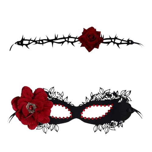 Sdhgerh Spitze Maskerade Masken Mardi Gras Halloween Thema Maske Set mit Blumenmaske & Halskette Gothic Masken für weibliches Mädchen von Sdhgerh