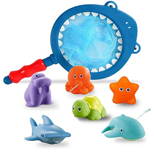 SeWooo 7 Stück Baby Badespielzeug Set,Badewannenspielzeug ab 1 Jahr,Badewanne Spielzeug Kinder Wasserspritztiere mit Fischernetz, Badewannenspielzeug von Sewooo