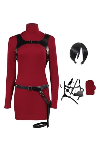 Seaehey Ada Wong Cosplay Kostüm Ada Wong Strickkleid Rot Minikleid Rollkragen Langarm Tunika Kleid Midikleid Halloween Karneval Anzug von Seaehey