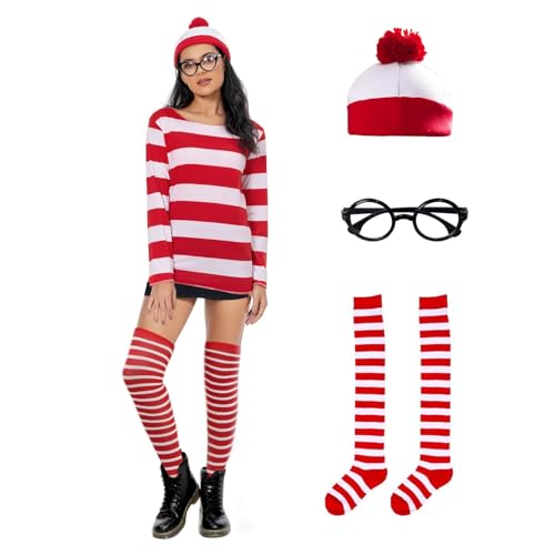 Seaehey Rot-weiß Gestreiftes Langarm T-Shirt Gestreiftes Hemd Sweatshirt mit Brille und Mütze Cosplay Kostüm Halloween Party Outfit für Erwachsene von Seaehey