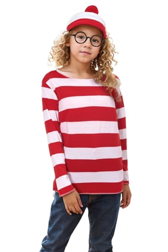 Seaehey Rot-weiß Gestreiftes Langarm T-Shirt Gestreiftes Hemd Sweatshirt mit Brille und Mütze Cosplay Kostüm Halloween Party Outfit für Erwachsene von Seaehey