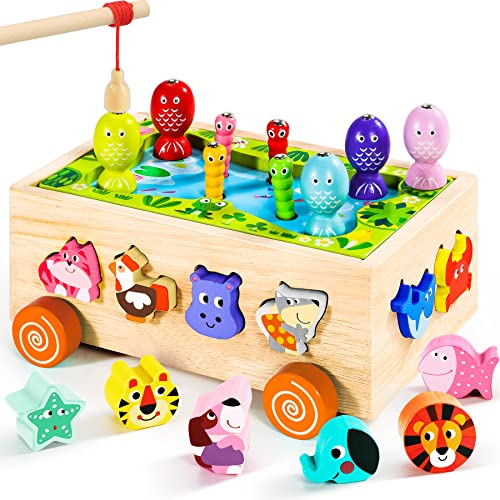 Seagoal Montessori Spielzeug ab 1 2 3 Jahr | Magnetisches Angelspiel Holzspielzeug | 6 in 1 Motorikspielzeug Lernspielzeug | Sortier- & Stapelspielzeug 2 3 4 Jahre Mädchen Junge Kleinkind Geschenk von Seagoal
