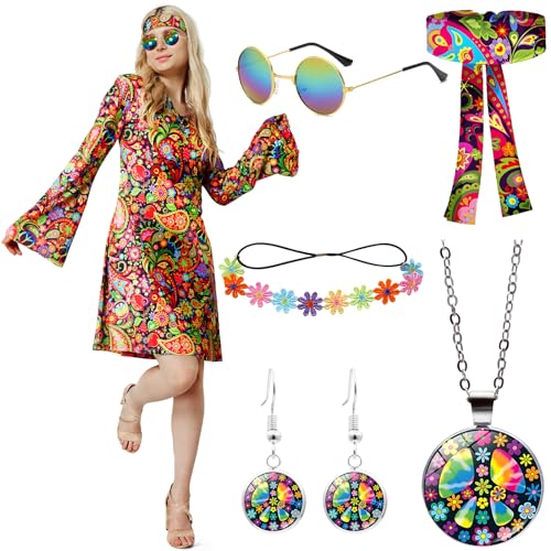 Sealilac Hippie Kostüm Damen, Hippie Kleid, Schlagermove Outfit Damen mit Hippie Brille Haarband Blumengirlande Halskette Ohrringe, für Karnevalspartys, Disco Partys, Retro Themenparty (L) von Sealilac