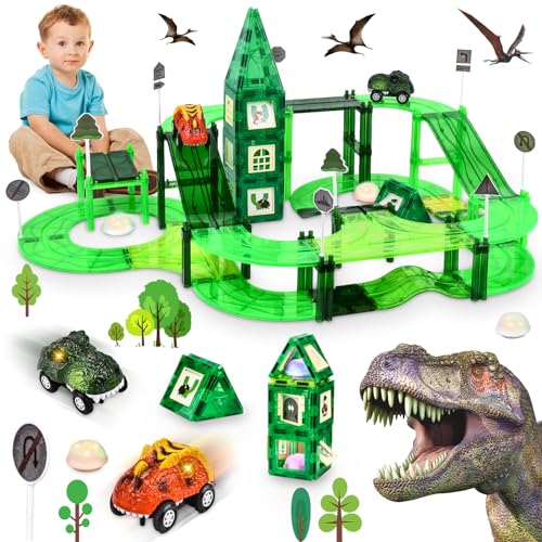 Sealilac Magnetische Bausteine Autorennbahn, 164 Stück Magnetbausteine Autorennbahn Dinosaurier Spielzeug Set, 3D Dino Autobahn Rennbahn Magnet Bausteine, Spielzeugbausteine für Kinder 3-8 Jahren von Sealilac