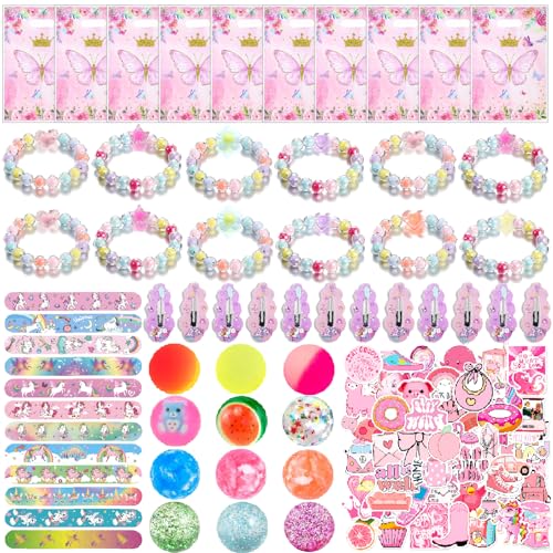 Seamart 108 Stück Einhorn Party Mitgebsel Kindergeburtstag, Party Gastgeschenke Kinder, Give Aways Kindergeburtstag Mädchen mit Haarspangen Schnapparmband Geschenktüte Flummi Aufkleber von Seamart