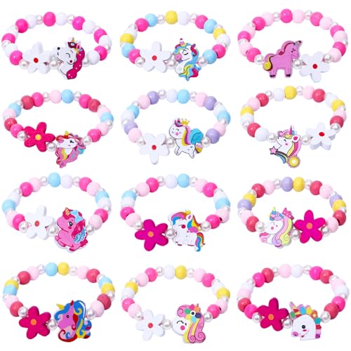 Seamart 12Stk Holz Armbänder für Mädchen Bunte Kinderschmuck Handmade Armband Einhorn Armband Blumen Schmetterling Freundschaftsarmband Schmuck Kinder Mitgebsel Kindergeburtstag Geschenke von Seamart