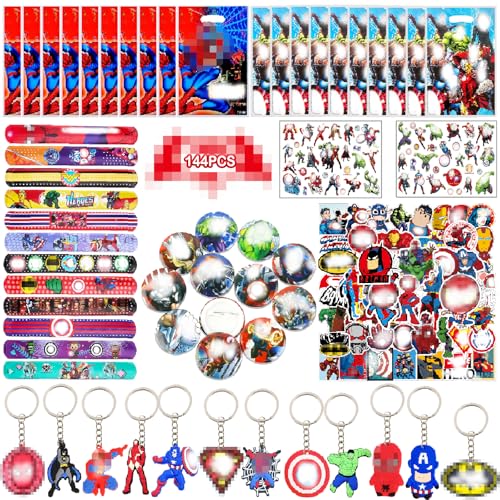 Seamart 144Pcs Cartoon Mitgebsel Kindergeburtstag, Helden Geburtstagsdeko Geburtstag Deko, Schnapparmband, Schlüsselanhänger, Geschenk-Taschen, Aufkleber Give Aways Kindergeburtstag Jungen und Mädchen von Seamart