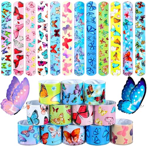 Seamart Schnapparmband Kinder Set, 24Pcs Klatscharmband, Schnapparmbänder, Schmetterlinge Armbänder Slap Armband Slap Bands Snap Bracelets, Mitgebsel Kindergeburtstag Gastgeschenke für Jungen Mädchen von Seamart