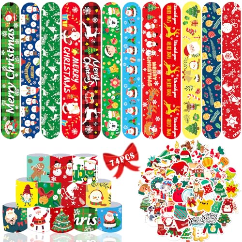 74 Stück Weihnachten Party Mitgebsel, 24Pcs Weihnachten Schnapparmband Kinder + 50Pcs Aufkleber, Party Bag Füllstoffe, Bunte Snap Armbänder für Kinder Geburtstag Geschenke Xmas Party Dekoration von Seamart