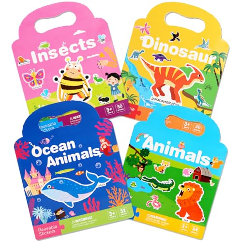 Wiederverwendbare Sticker Kinder 4 Pack 3D Puffy Sticker Buch, Sticker Kinder Tiere Meer Dinosaurier Insekten, Sticker Set mit Kreative Szene und Aufkleber Illustrationen, pädagogische Lernspielzeuge von Seamart