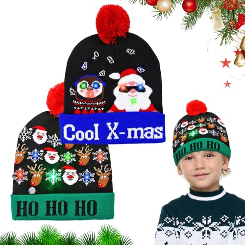 2 Stück Weihnachtsmützen Plüsch,Weihnachtsmütze Kinder,Leuchtend Weihnachtsmützen,LED-Weihnachtsmütze,Weihnachtsmützen Einheitsgröße für Erwachsene und Kinder, Strickmütze Geschenke für Weihnachts von Seasboes