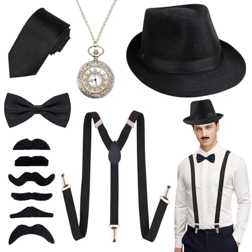 20er Jahre Herren Accessoires, Mafia Karneval Kostüm Herren, Peaky Blinders Kostüm, 1920er Mafia Kostüm Herren Set,Gangster Panamahut Taschenuhr Hosenträger Fliege Bärte Brille,Fasching Kostüme Herren von Seasboes