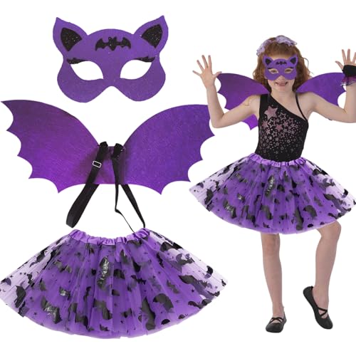 3 Stück Fledermaus Kostüm Mädchen, Fledermaus Kostüm Kinder Set, Halloween Kostüm Kinder mit Flügel, Kinder Fledermaus Kostüm für Halloween, Karneval, Cosplay Themenpartys von Seasboes