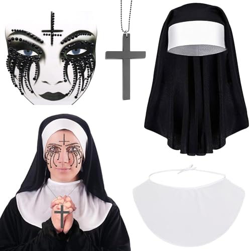 4 Stück Nonne Kostüm Damen, Halloween Horror Nonne Kostüm, Halloween Nonnen Damen mit Kreuzkette, Halloween Glitzersteine Gesicht, Nonnenhaube, Kragen, Gut für Halloween, Karneval, Cosplay Party 4 Stück Nonne Kostüm Damen, Halloween Horror Nonne Kostüm, Halloween Nonnen Damen mit Kreuzkette, Halloween Glitzersteine Gesicht, Nonnenhaube, Kragen, Gut für Halloween, Karneval, Cosplay Party von Seasboes