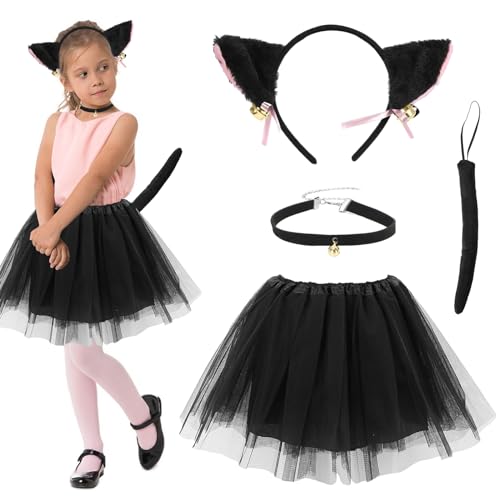 Seasboes Katzen Kostüm Mädchen Kinder, 4tlg Katzenkostüm Set Kinder, Kätzchenkostüm Katzen Cosplay, Tutu with Cat Ears, Glöckchen Halskette, Tail, Kitten Costume für Fasching Karneval Motto Party von Seasboes