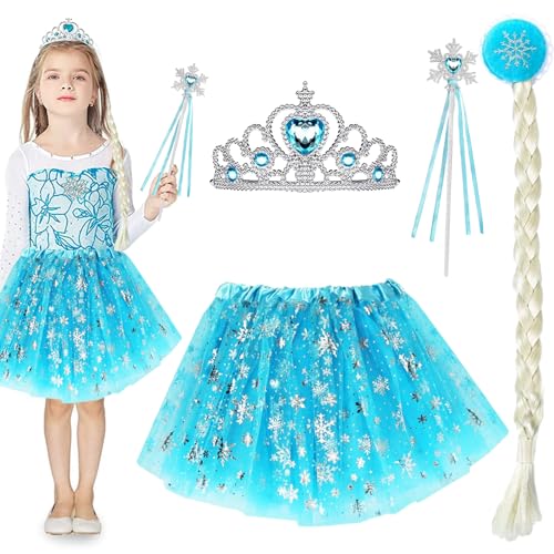 4tlg Prinzessin Kinder Kostüm Schneeflocke, Karnevalskostüme Kinder, Tutu Eiskönigin Blau Rock Tüllrock Feenkostüm mit Zopf Krone Zauberstab für Mädchen Karneval Weihnachten Winterparty Rollenspiele von Seasboes