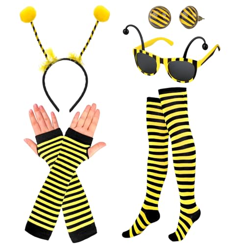 8 Stücke Bienen Kostüm Kit, Bienenkostüm Erwachsene, Mädchen Karneval Kostüm Cosplay Kostüm, Bienen Bopper Antennen Stirnband Gestreifte Beinwärmer Knie Schenkel Hoch Strumpf und Lange Handschuhe von Seasboes