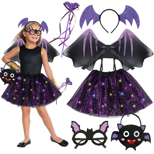 6 Stück Fledermaus Kostüm Mädchen, Fledermaus Kostüm Set, Halloween Kostüm Kinder, LED Tüllrock Fledermausflügel, Led Lichter Fledermaus Haarreif für Halloween, Karneval, Cosplay Mottoparty von Seasboes