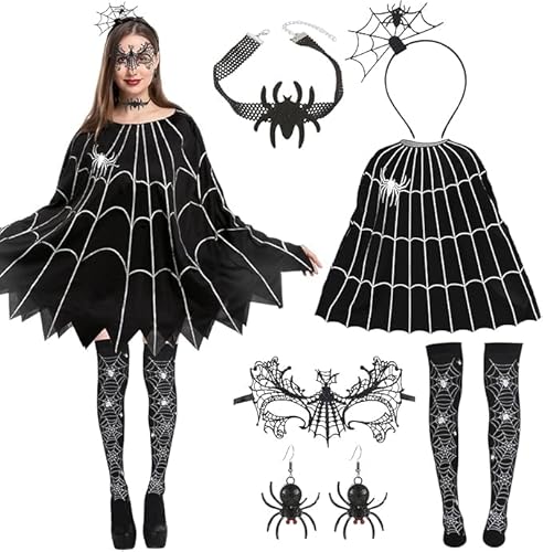 Halloween Spinne Kostüm, 6 Stück Kostüm Spinne Damen, Kostüm Halloween Damen, Spinnenkostüm für Erwachsene mit Poncho, Maske, Haarreifen, Ohrringe für Erwachsene Halloween Fasching Karneval Cosplay von Seasboes