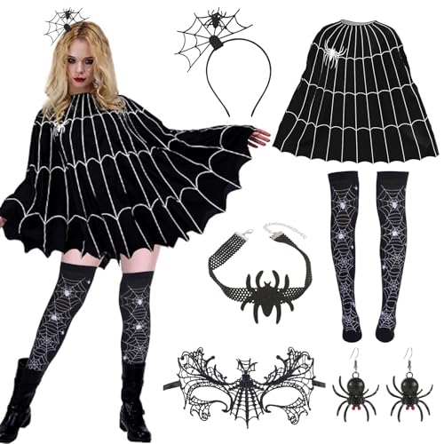 6 Stück Halloween Kostüm Spinne, Kostüm Spinne Damen, Spinnenkostüm für Erwachsene mit Poncho, Maske, Haarreifen, Strümpfe, Halsketten, Ohrringe für Lustige Halloween, karneval Deko für Erwachsene von Seasboes