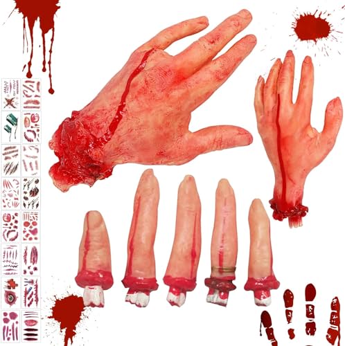 7 Stück Halloween Blut Requisiten, Gefälschter Daumen Finger Simuliert, Abgetrennte Finger, Halloween Hände, Haunted House Party Supplies mit 20 Tattoos, Gebrochene Körperteile, Halloween Deko von Seasboes