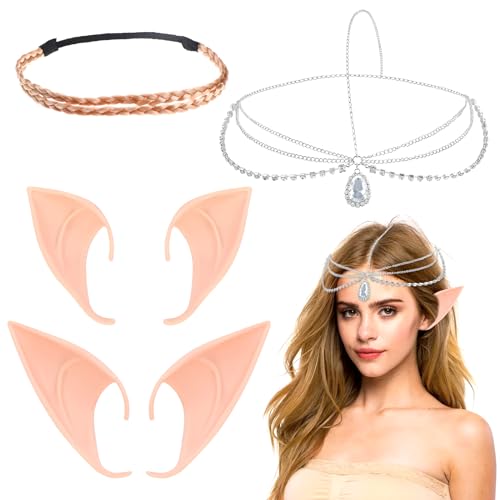 Elfenohren Set, Pixie Ears Soft Pointed Fairy Ears Haarband und Kristall Prinzessin Krone Stirnband, Fee Pixie Elf Ohren Halloween Dress Up Costume Cosplay Accessories, Halloween Kostüm Damen von Seasboes