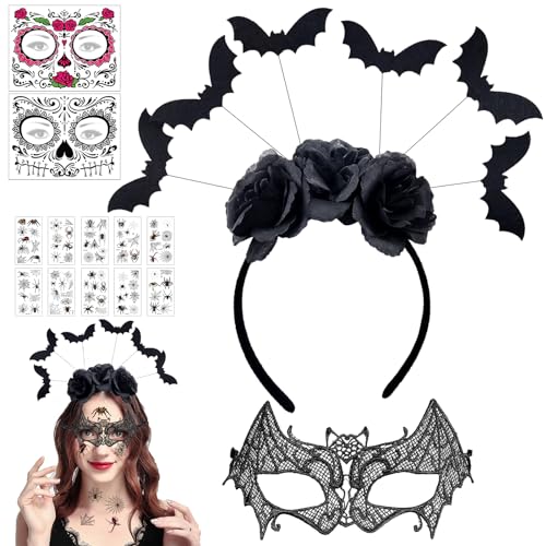 Halloween Haarreif Set, Fledermaus Haarreif, Vampir Haarreifen mit Augenmaske Fledermaus+Fledermaus Tattoos, Fledermaus Tattoo Aufkleber, Halloween Stirnband Accessoires für Damen Kinder von Seasboes