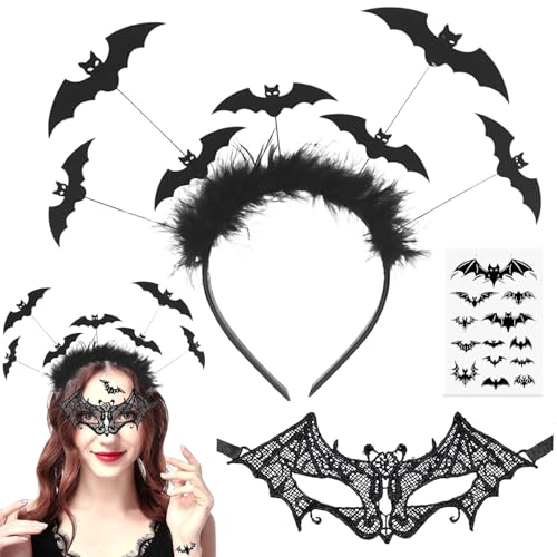 Halloween Haarreif Set, Fledermaus Haarreif, Vampir Haarreifen mit Augenmaske Fledermaus+Fledermaus Tattoos, Fledermaus Tattoo Aufkleber, Halloween Stirnband Accessoires für Damen Kinder von Seasboes