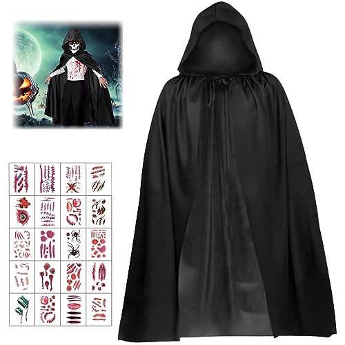 Halloween Kostüm Set, Halloween Umhang, Schwarz Umhang mit Kapuze Cape, Kostüm Sensenmann mit 20 Halloween Kmporäre Tattoos, Vampir Kostüm für Halloween Party Cosplay, Alter 4–12 Jahre (120 cm) von Seasboes