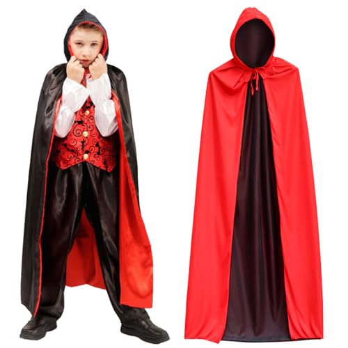 Halloween Kostüm Set, Halloween Umhang, Schwarz Umhang mit Kapuze Cape, Kostüm Sensenmann mit 20 Halloween Kmporäre Tattoos, Vampir Kostüm für Halloween Party Cosplay, Alter 4–12 Jahre (140cm -B) von Seasboes