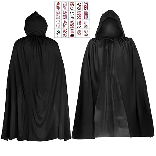 Halloween Kostüm Set, Halloween Umhang, Schwarz Umhang mit Kapuze Cape, Kostüm Sensenmann mit 20 Halloween Kmporäre Tattoos, Vampir Kostüm für Halloween Party Cosplay, Alter 4–12 Jahre (90 cm) von Seasboes