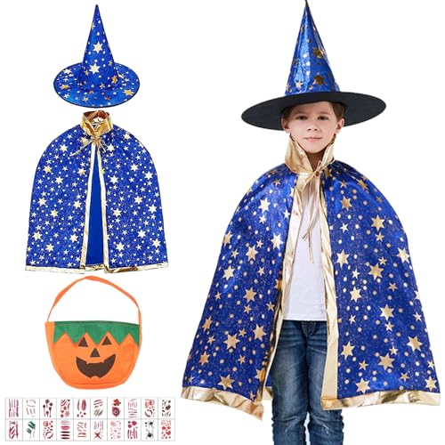 Seasboes Kinder Halloween Kostüm, Hexenkostüm Kinder Umhang, Enthalten Hexen Zauberer Umhang mit Hut, Kürbis Candy Bag, Umhang Zauberer Kinder für Halloween Karneval Cosplay Themenparty von Seasboes