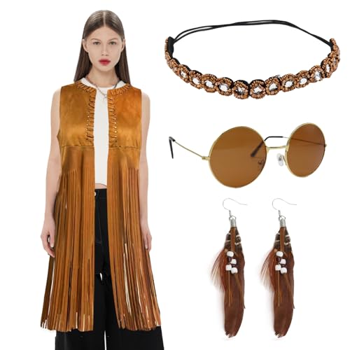 Hippie Kleidung Damen, 60er 70er Jahre Bekleidung Accessoires Set, Fransenweste, Sonnenbrille, Stirnband, Ohrringe, Halskette Disco Outfit für Karneval, FaschingsKostüm, Hallowee (M) von Seasboes