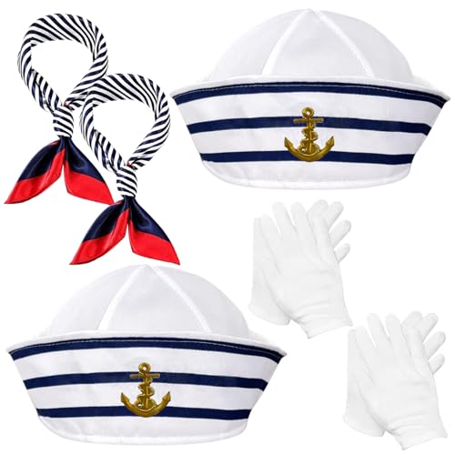 Kapitän Matrosen Kostüm, Streifen Matrosenmütze und Schal-Set, Marine Outfit, Partyhut Marine Mütze Damen/Männer Marine Hut, Verkleidungsparty für Damen und Herren, Kostümzubehör (2 Packungen) von Seasboes