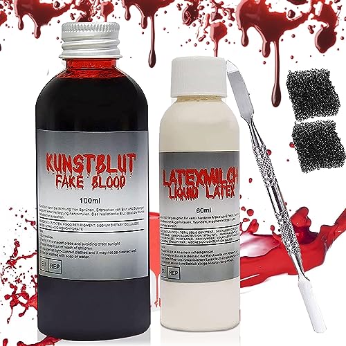 Kunstblut Blood, 100ml Theaterblut im Beutel, Kunstblut Halloween Fake Blood, Fake Blut Latexmilch Kunstblut Künstliches Blut, Halloween Schminke Erwachsene Theater Bühne bilden Zombie Vampir Wunde von Seasboes