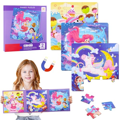 Magnetische Puzzle für Kinder, Magnet Puzzle, 3-in-1 Magnetpuzzle, Reise Kinder Magnetische Puzzle Alter 3-8, Teile Magnet Puzzle Kinder, Kinderpuzzle Magnetspiel, 3 Jigsaw Puzzle Muster in 1 Buch (A) von Seasboes